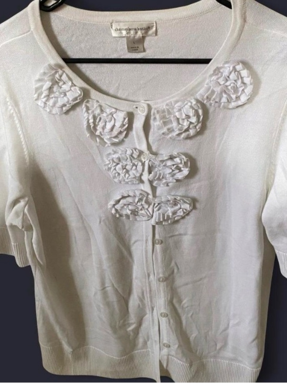 Christopher & Banks Ivory White Floral Applique Short Sleeve Cardigan
